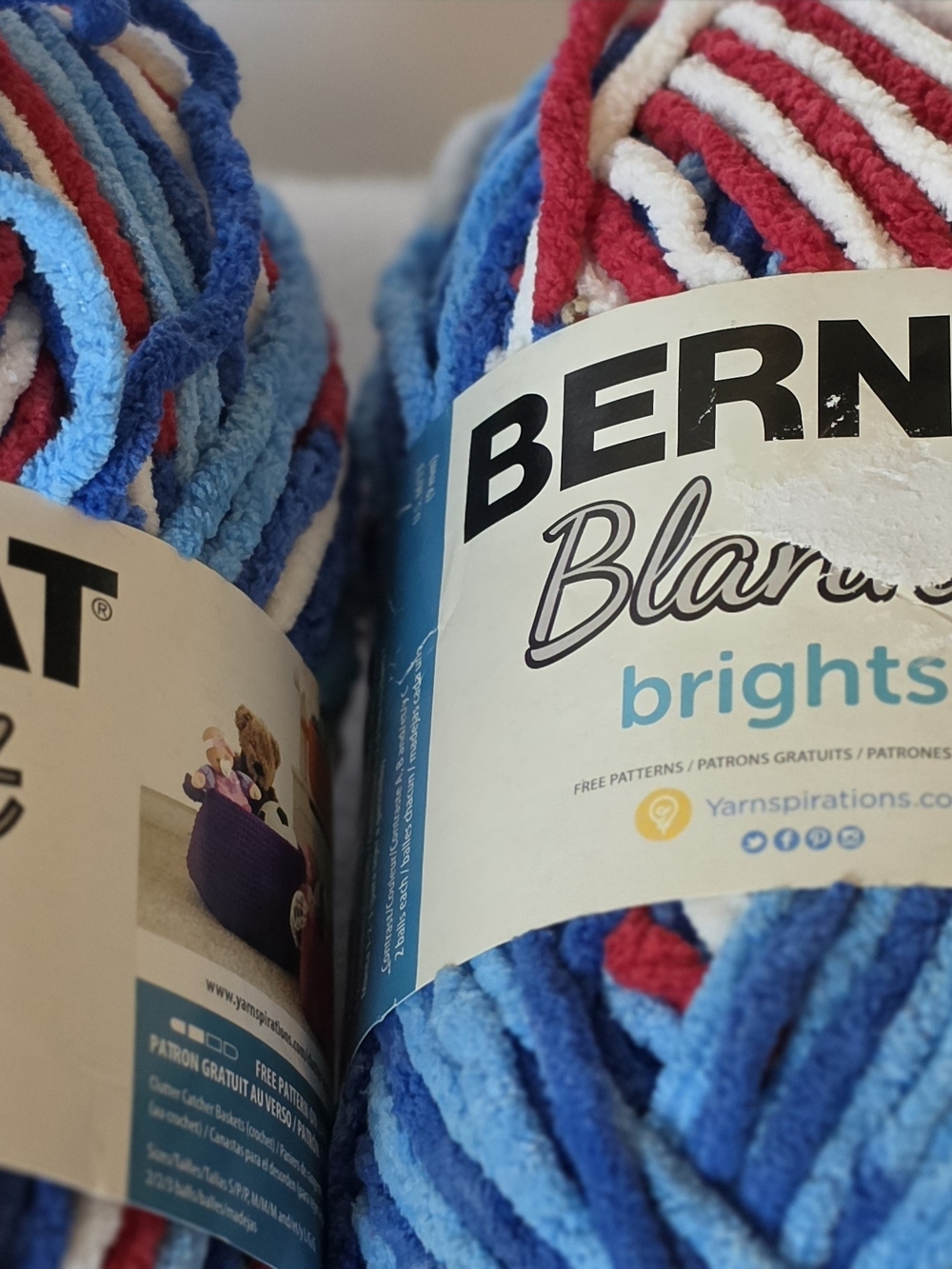 Bernat Blanket Brights Chenille Yarn - Blue, Red, White